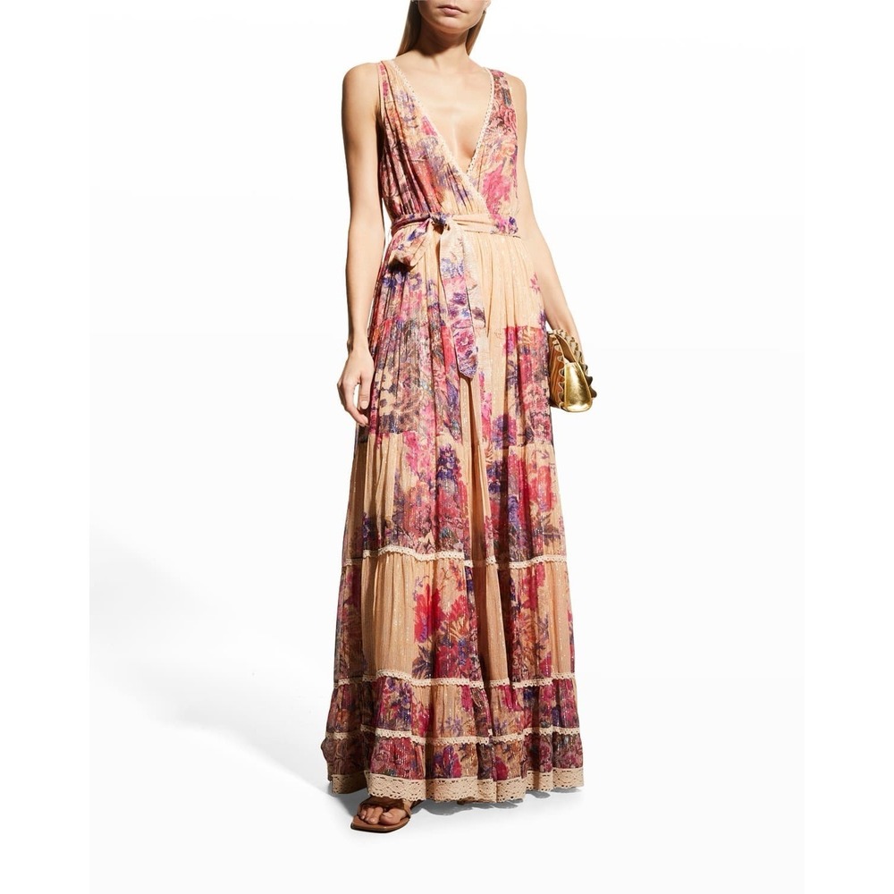 Hemant & Nandita Leah Gown S Metallic Stripe Georgette Long Dress Floral